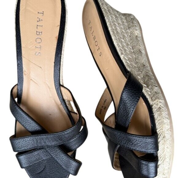 Talbots Black Women's Leather Wedge Espadrille Slide Sandals, size 8 - Picture 13 of 14